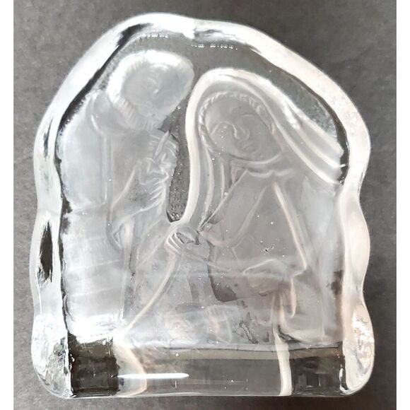VTG '80s Paperweight Nativity Manger Scene Clear & Frosted Glass Holy Family Art - Picture 3 of 12